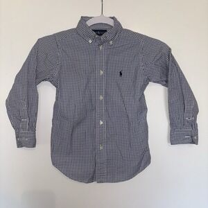 Ralph Lauren Blue Gingham Button Down Long Sleeve Shirt Navy Pony Boy's 4/4T